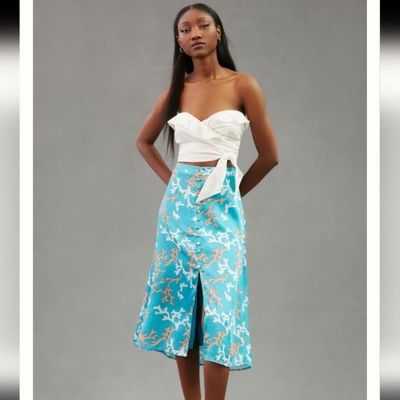 Anthropologie | Maeve A-Line Button Front Midi Skirt Blue Motif Sz US2 EU 34 - Picture 11 of 12